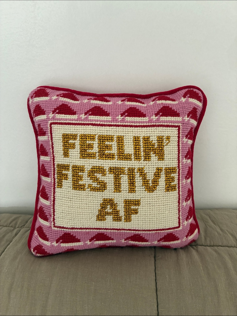 Furbish Feelin' Festive AF Pink and Gold Holiday Pillow